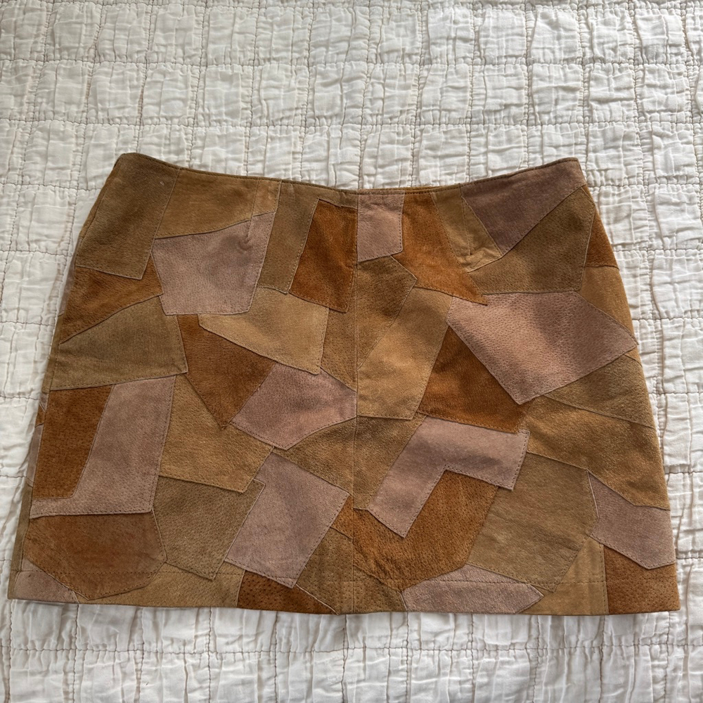 Vintage 90s Suede Leather A Line Mini Skirt Beige Camel Brown Patchwork • Size:M